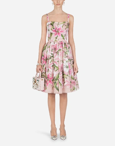 Shop Dolce & Gabbana Flocked Organza Midi Dress With Sweetheart Neck In Pink