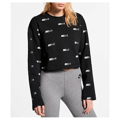 Shop Nike Women's Air Allover Print Fleece Crop Crewneck Sweatshirt In Black Size Small Cotton/polyester/