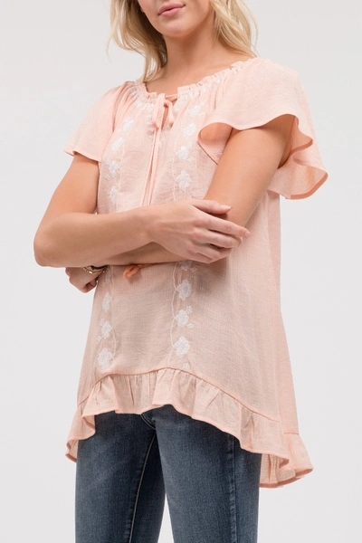 Shop Blu Pepper Floral Embroidered Tie Neck Top In Peach