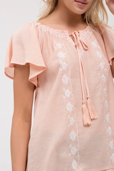 Shop Blu Pepper Floral Embroidered Tie Neck Top In Peach