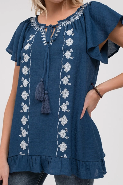 Shop Blu Pepper Floral Embroidered Tie Neck Top In Navy