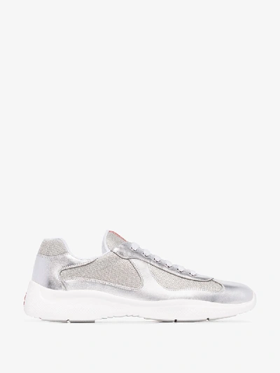 Shop Prada Silver Americas Cup Leather Sneakers In Metallic