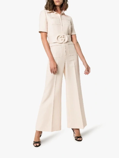 Shop Gucci Alione Belted Jumpsuit In Neutrals