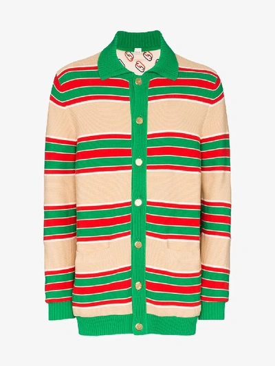 Shop Gucci Striped Logo Reversible Cardigan In Multicolour