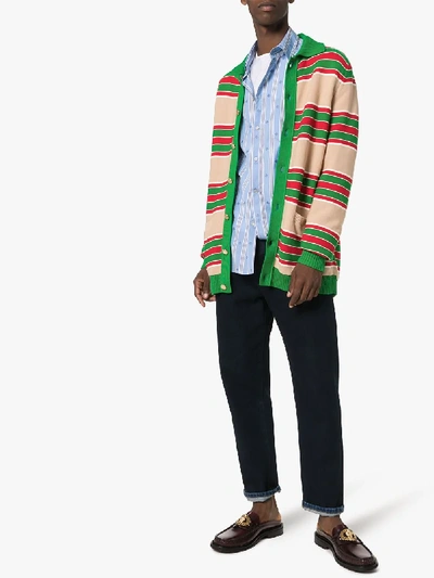 Shop Gucci Striped Logo Reversible Cardigan In Multicolour