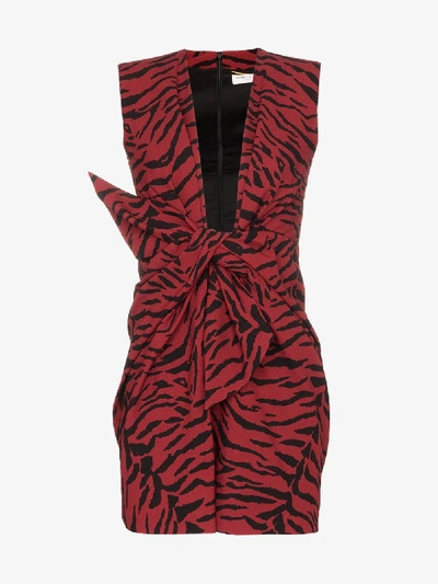 Shop Saint Laurent Tiger Print Tie Front Dress In Red