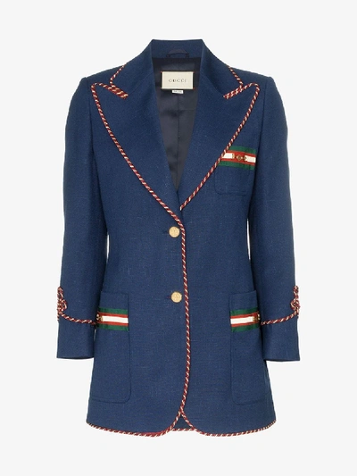 Shop Gucci Contrast Piping Blazer In Blue