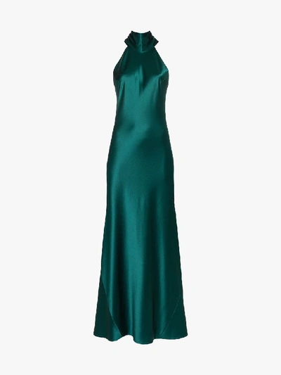 Shop Galvan Sienna Silk Halterneck Maxi Dress In Green