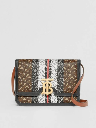 Shop Burberry Small Monogram Stripe E-canvas Tb Bag In Bridle Brown