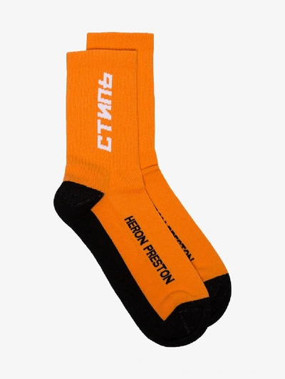 Shop Heron Preston Orange, Black And White Logo Cotton Socks