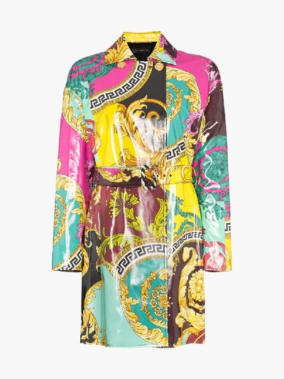 Shop Versace Baroque Print Mac Coat In Purple