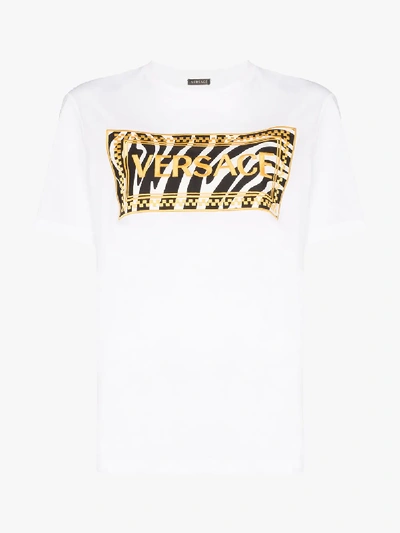 Shop Versace Logo Embroidered Zebra Print Cotton T-shirt In White