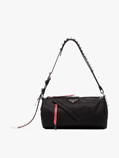 Shop Prada Womens Black Vela Studded Strap Shoulder Bag