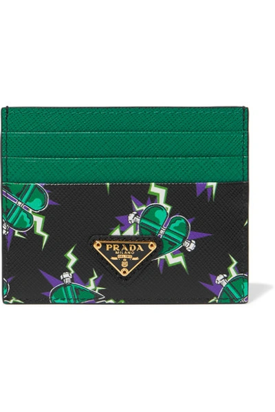 Shop Prada Printed Textured-leather Cardholder In Emerald