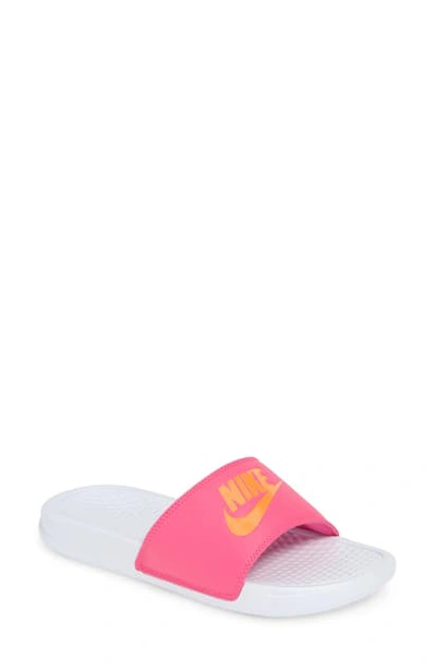 Shop Nike Benassi Jdi Slide Sandal In White/ Orange/ Fuchsia