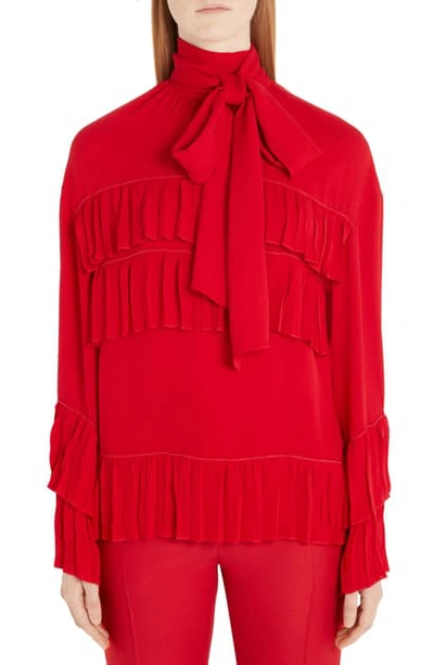 Shop Valentino Ruffled Tie Neck Silk Georgette Blouse In 157-red