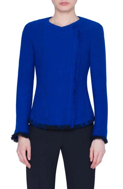 Shop Akris Punto Fringe Trim Asymmetrical Zip Tweed Jacket In Electric Blue
