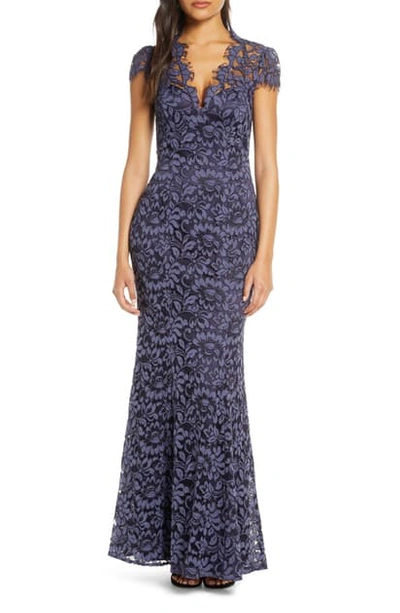 Shop Eliza J Embroidered Lace Trumpet Gown In Midnight