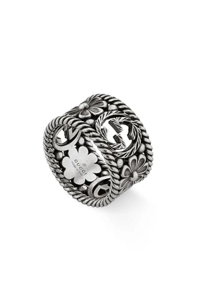 Shop Gucci Large Interlocking-g Floral Ring In Sterling Silver