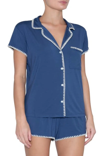 Shop Eberjey Frida Whipstitch Short Pajamas In Crown Blue/ Nude Tint