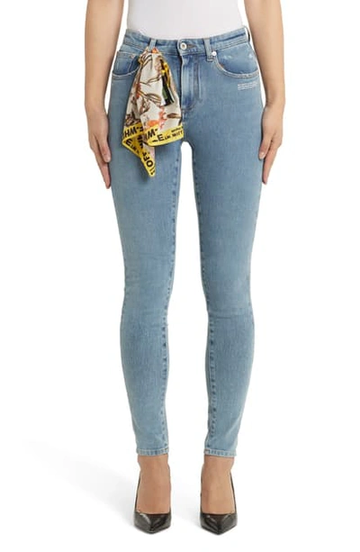 Shop Off-white Distressed Skinny Jeans In Medium Blue