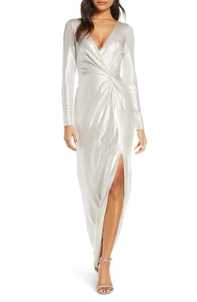 Shop Eliza J Twist Front Long Sleeve Metallic Gown In Champagne