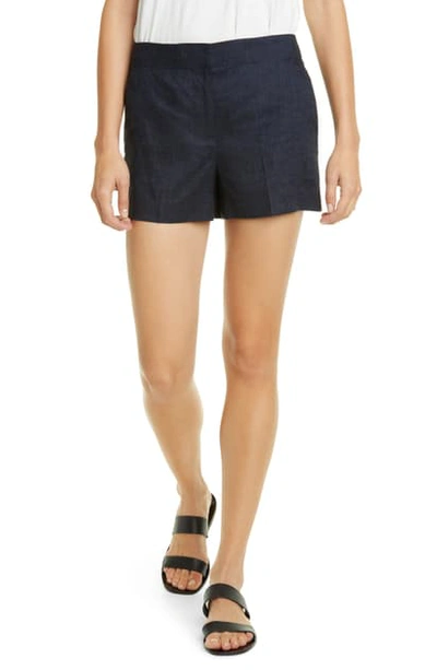 Shop Theory Flat Front Linen Blend Shorts In Navy Melange
