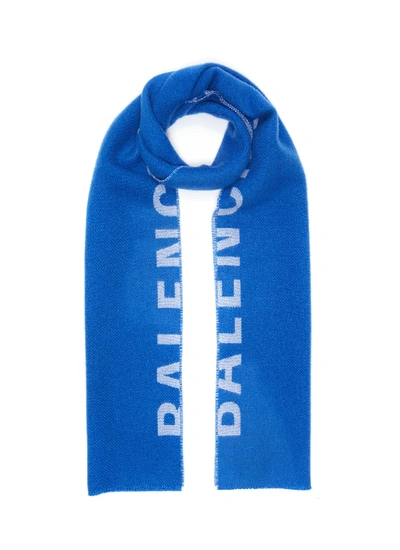 Shop Balenciaga 'macro Logo' Wool Scarf In Blue
