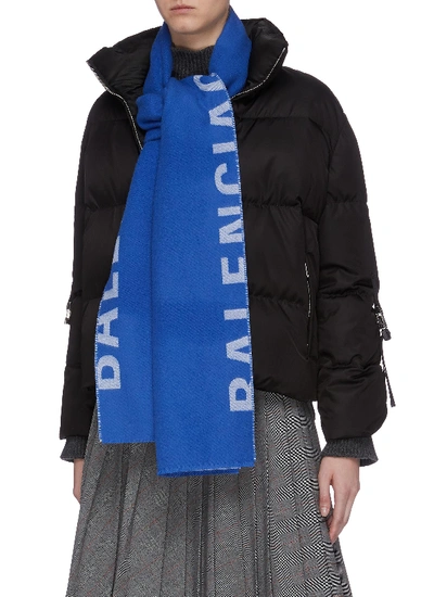 Shop Balenciaga 'macro Logo' Wool Scarf In Blue