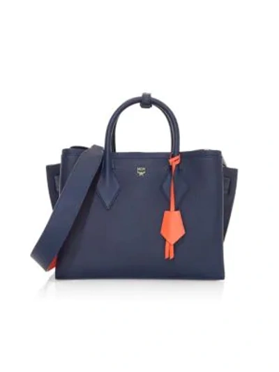 Shop Mcm Medium Neo Milla Park Avenue Leather Tote In Navy