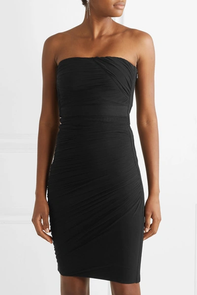 Herve Leger Strapless Ruched Mesh And Bandage Dress In Black | ModeSens