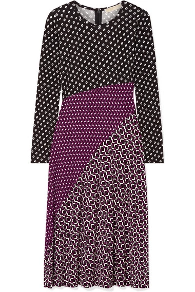 Shop Michael Michael Kors Paneled Printed Stretch-jersey Midi Dress In Purple
