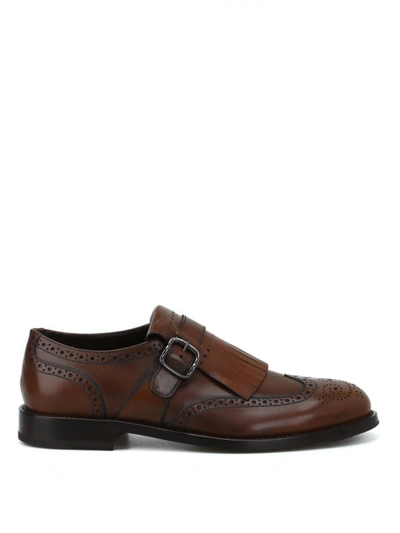 Shop Tod's Brown Leather Fringed Brogue Monk-strap Shoes