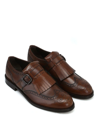 Shop Tod's Brown Leather Fringed Brogue Monk-strap Shoes