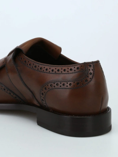Shop Tod's Brown Leather Fringed Brogue Monk-strap Shoes