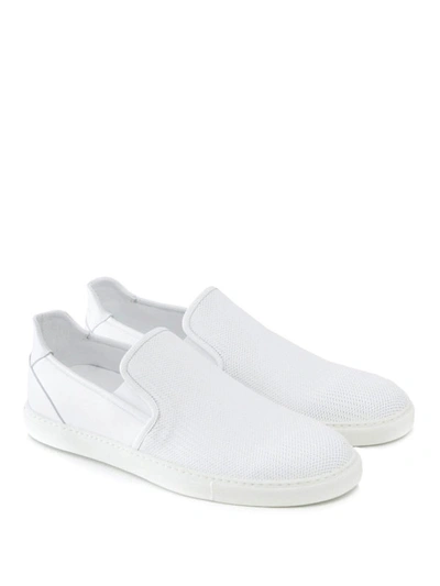 Shop Corneliani White Textured Leather Slip-ons