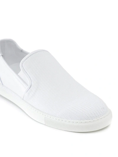 Shop Corneliani White Textured Leather Slip-ons