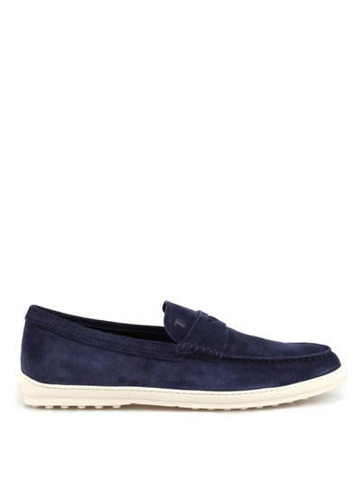 Shop Tod's Rubber Sole Detailed Blue Suede Loafers