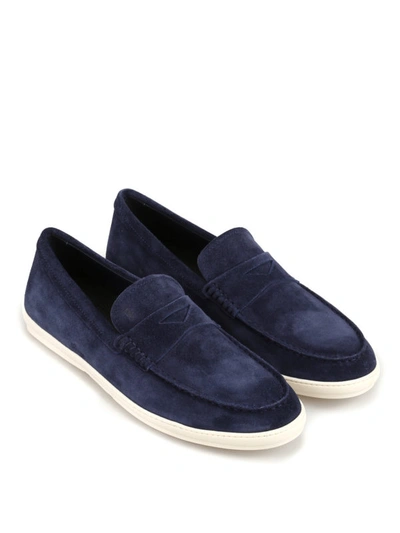 Shop Tod's Rubber Sole Detailed Blue Suede Loafers