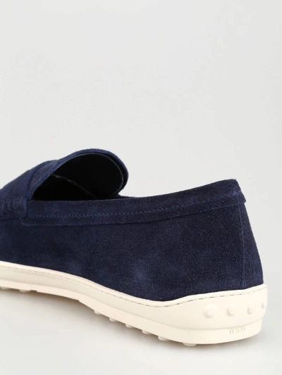 Shop Tod's Rubber Sole Detailed Blue Suede Loafers