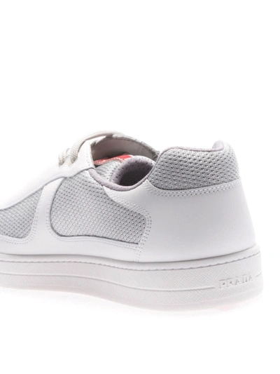 Shop Prada Leather And Fabric Sneakers In White