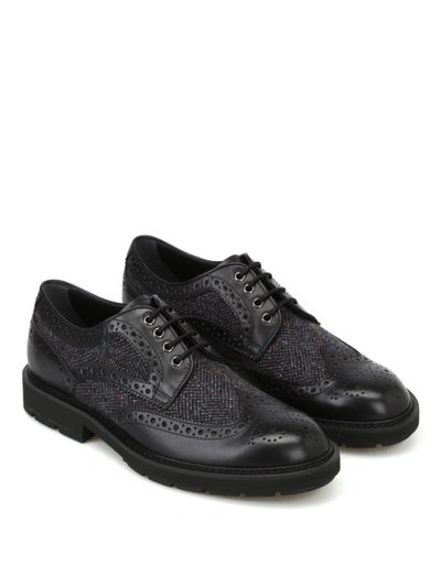 Shop Tod's Leather And Herringbone Fabric Derby Brogues In Black