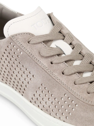 Shop Tod's Drilled Sides Suede Sneakers In Grey