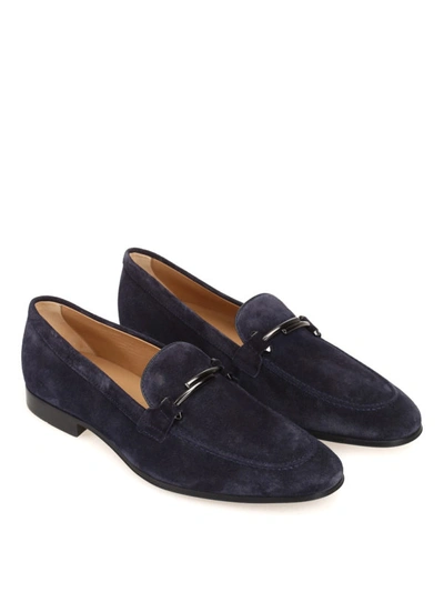 Shop Tod's Double T Deep Blue Suede Loafers In Dark Blue