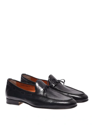 Shop Santoni Brushed Leather Navy Blue Loafers