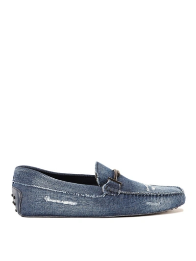 Shop Tod's Double T Used Effect Denim Loafers In Dark Wash
