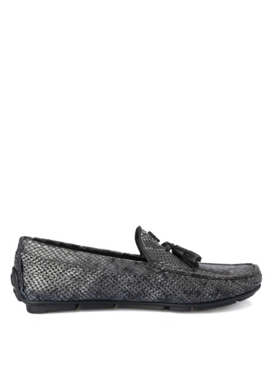 Shop Roberto Cavalli Snake Print Grey Leather Loafers