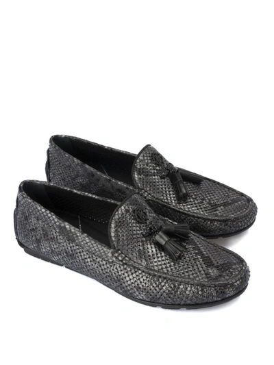 Shop Roberto Cavalli Snake Print Grey Leather Loafers