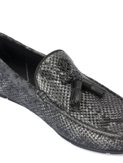 Shop Roberto Cavalli Snake Print Grey Leather Loafers