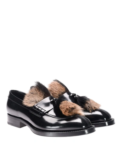 Shop Prada Leather Loafers With Fur Details In Black